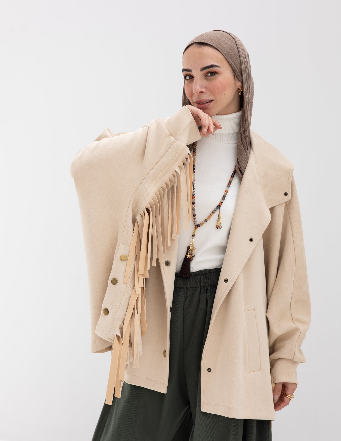 Suede Jacket With Fringes In Beige