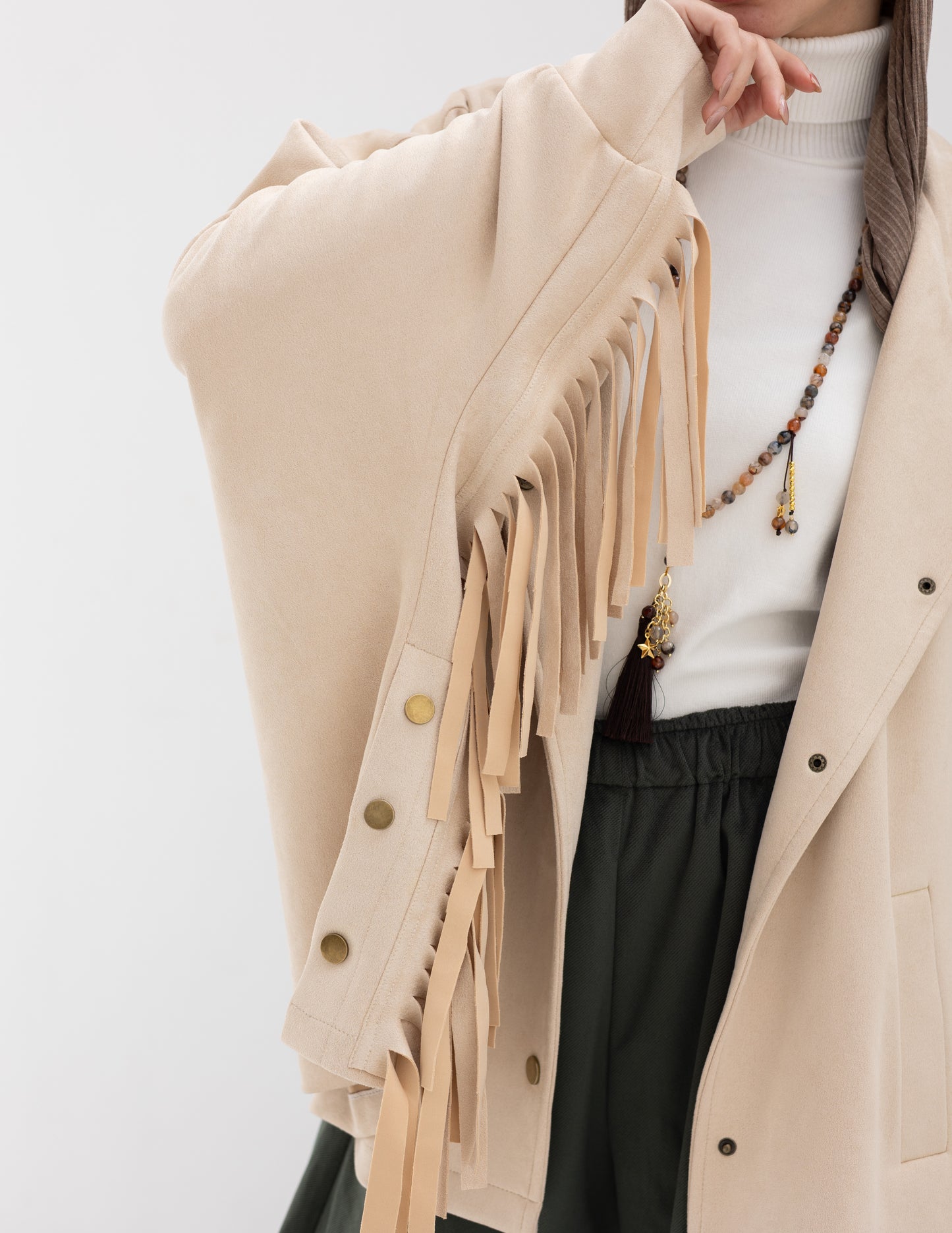 Suede Jacket With Fringes In Beige