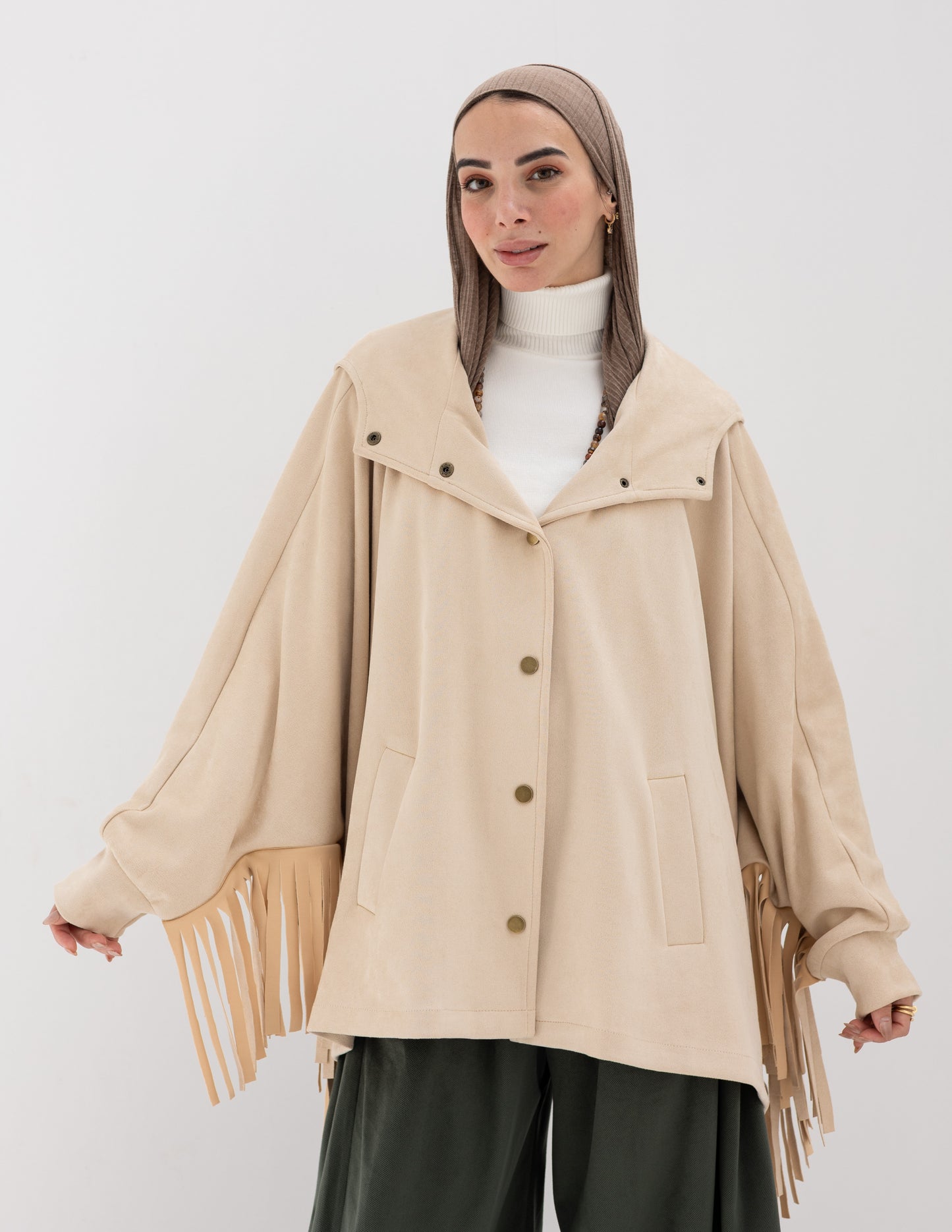 Suede Jacket With Fringes In Beige