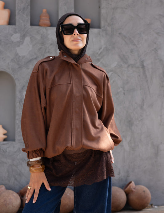 Suede  Jacket With Elastic In Brown