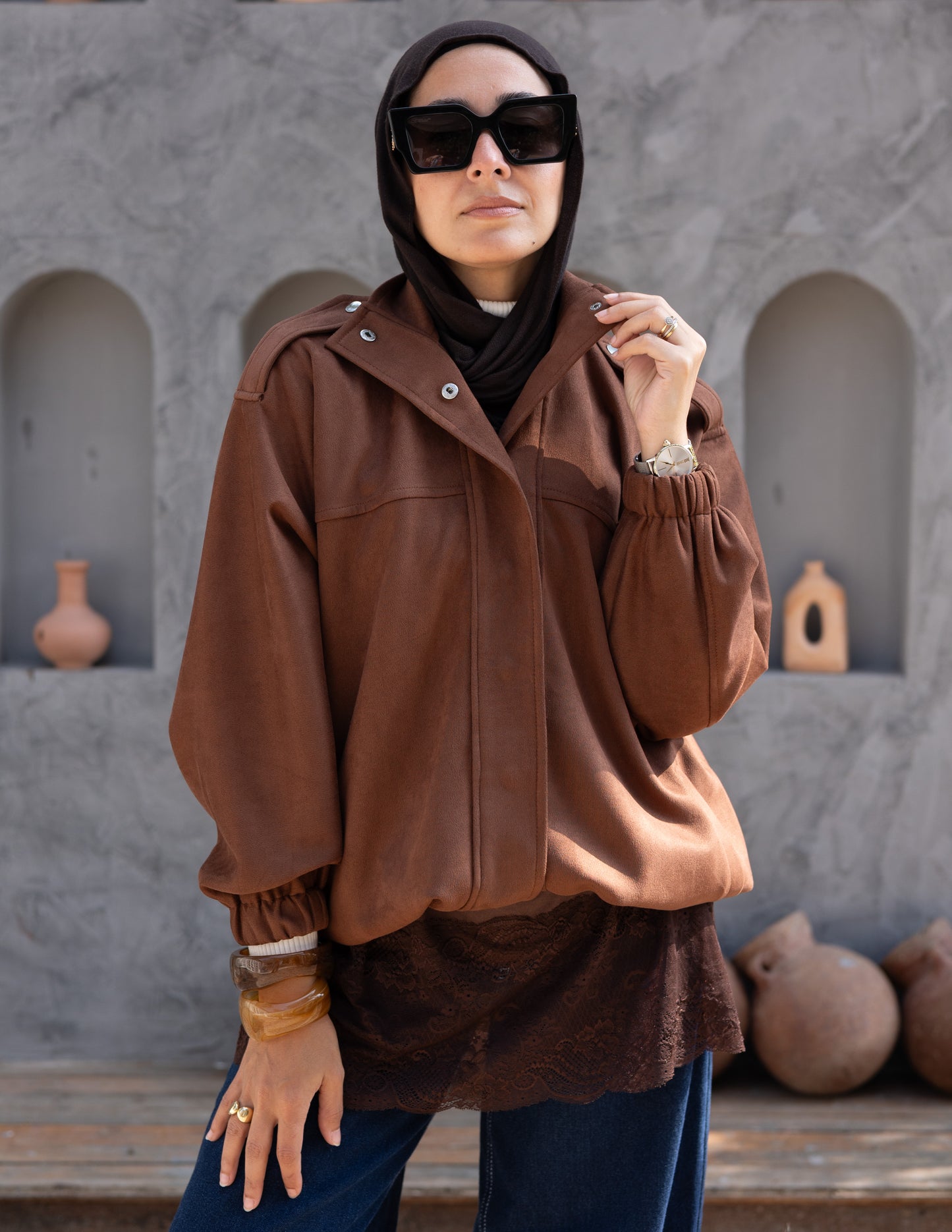 Suede  Jacket With Elastic In Brown