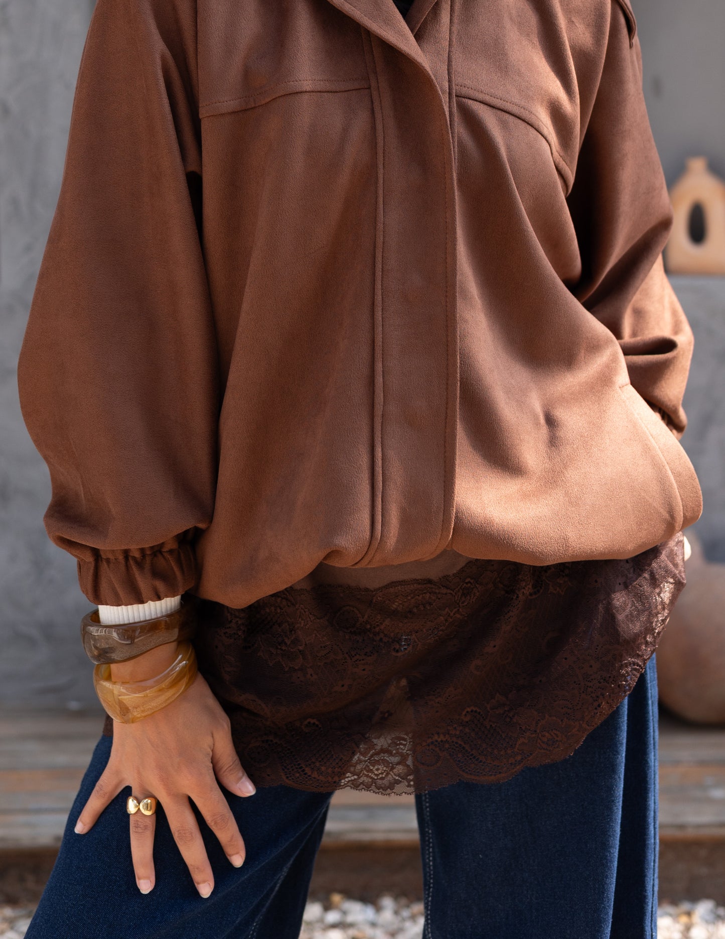 Suede  Jacket With Elastic In Brown