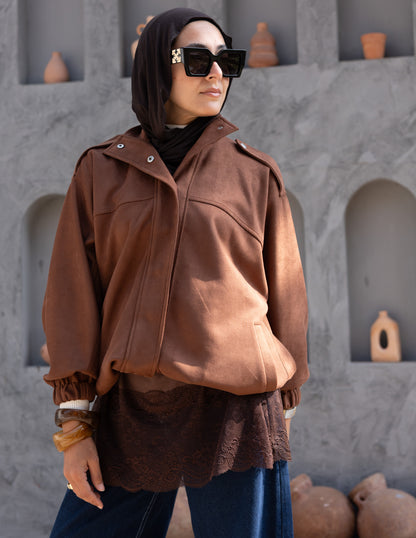 Suede  Jacket With Elastic In Brown