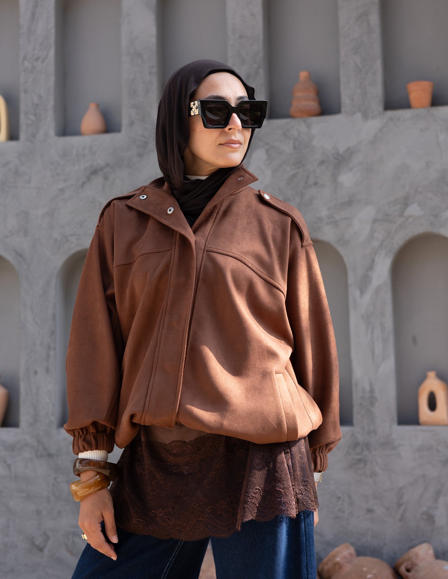 Suede  Jacket With Elastic In Brown