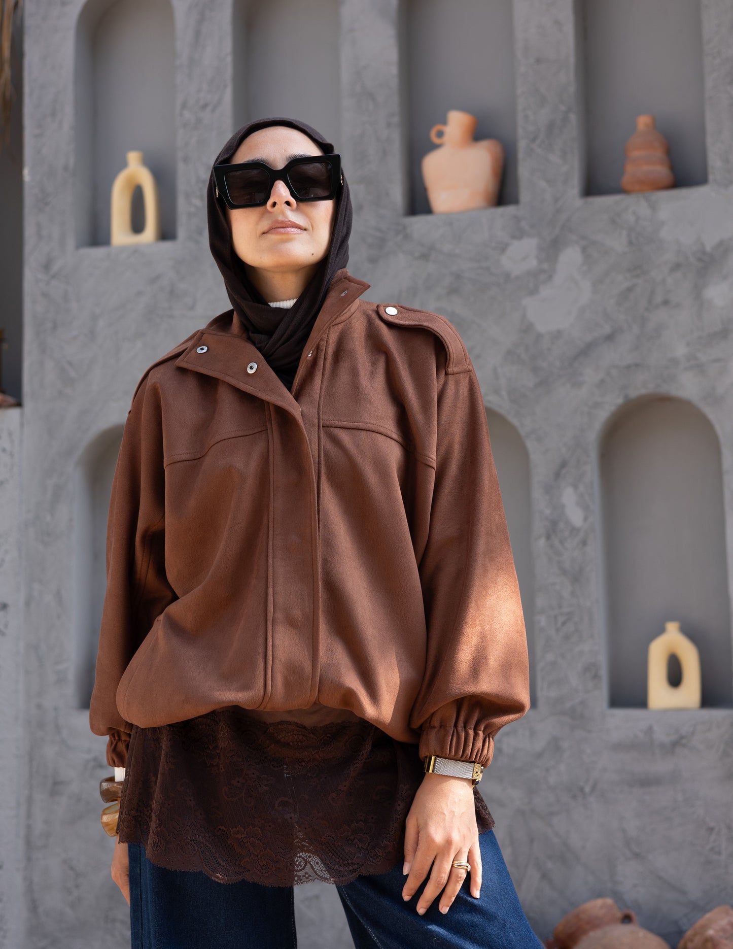 Suede  Jacket With Elastic In Brown