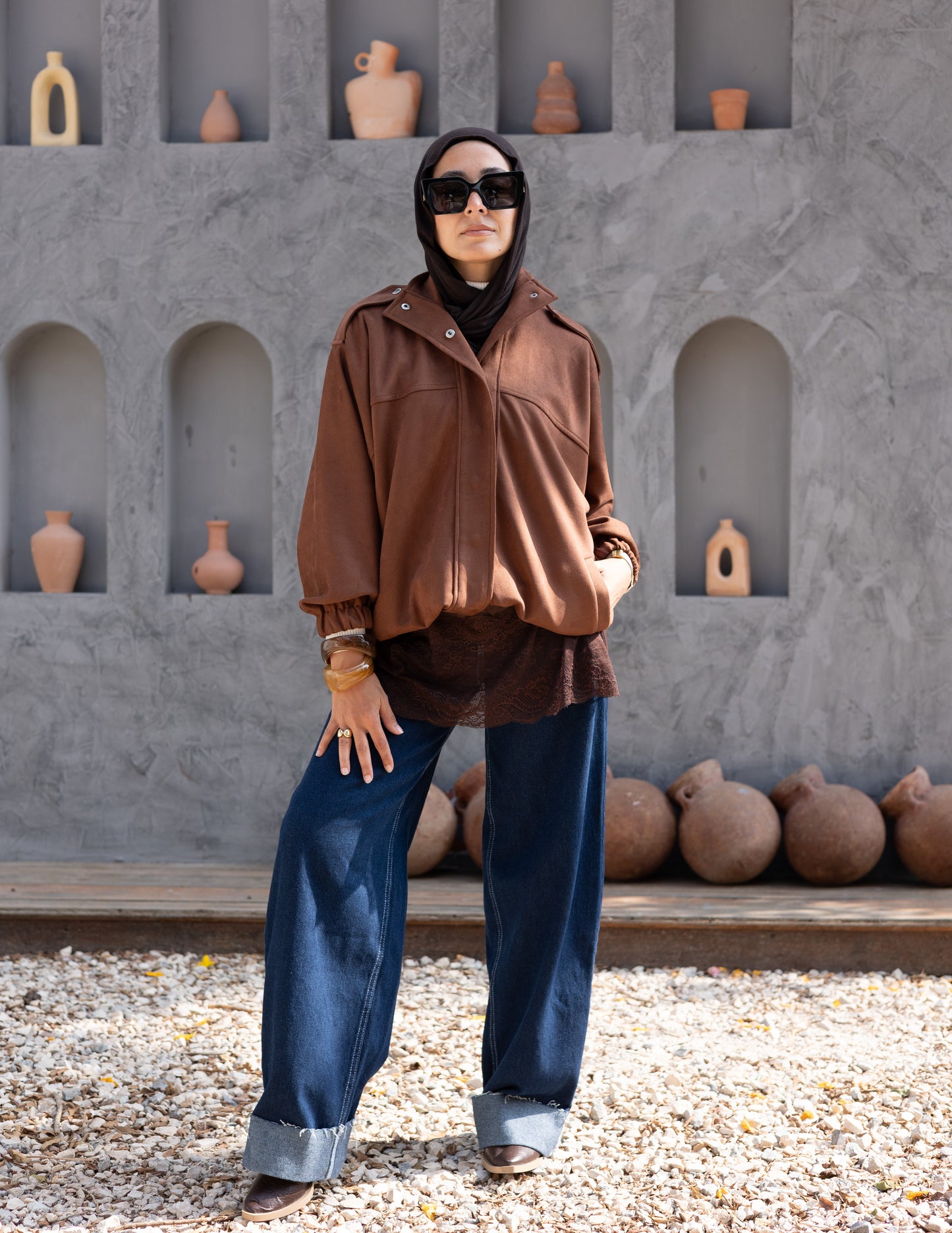 Suede  Jacket With Elastic In Brown