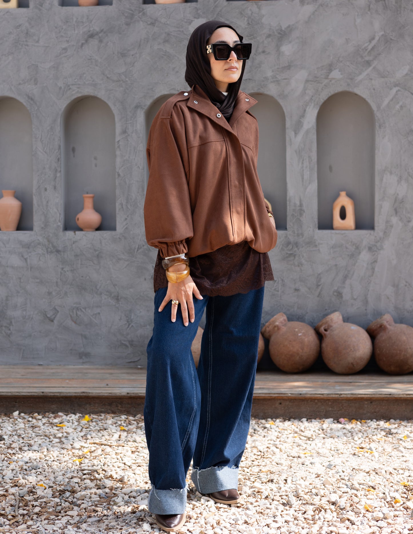 Suede  Jacket With Elastic In Brown