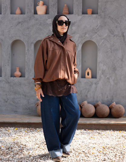 Suede  Jacket With Elastic In Brown