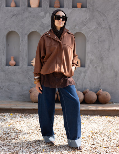 Suede  Jacket With Elastic In Brown