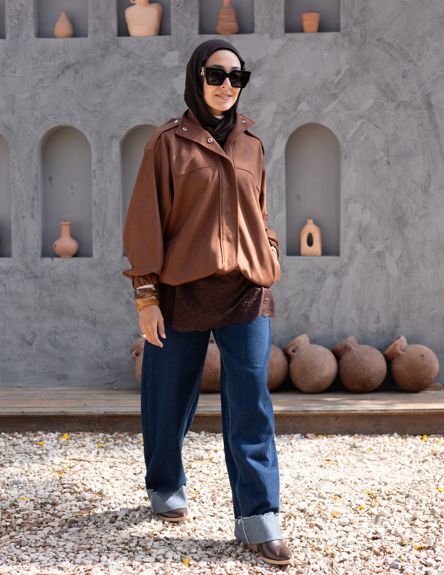 Suede  Jacket With Elastic In Brown