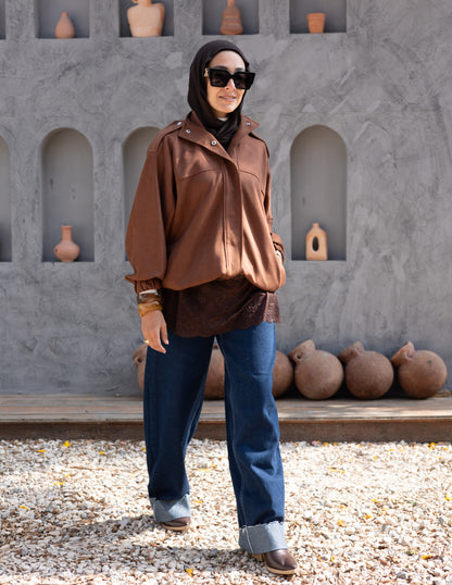 Suede  Jacket With Elastic In Brown