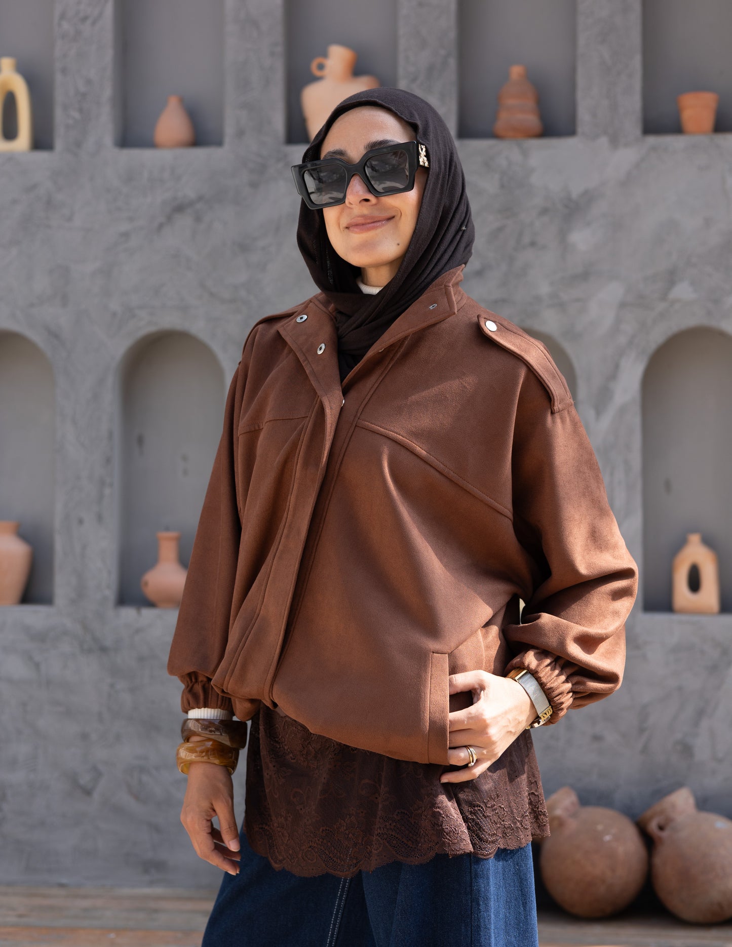 Suede  Jacket With Elastic In Brown