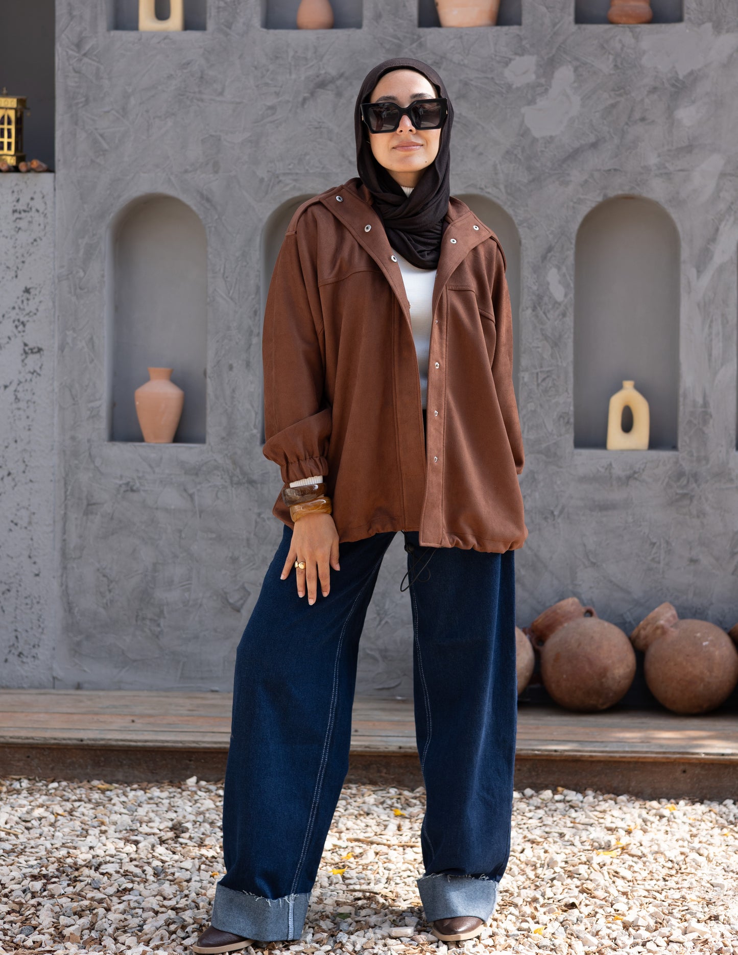 Suede  Jacket With Elastic In Brown