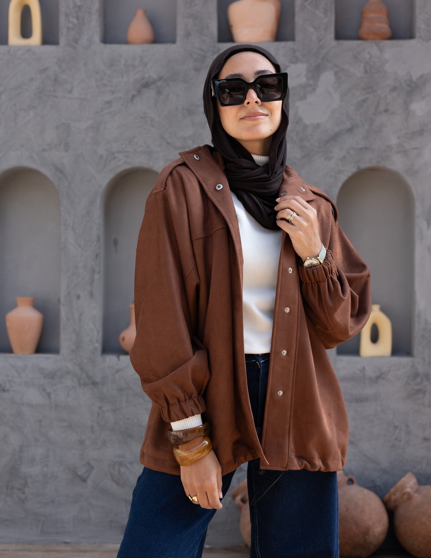 Suede  Jacket With Elastic In Brown