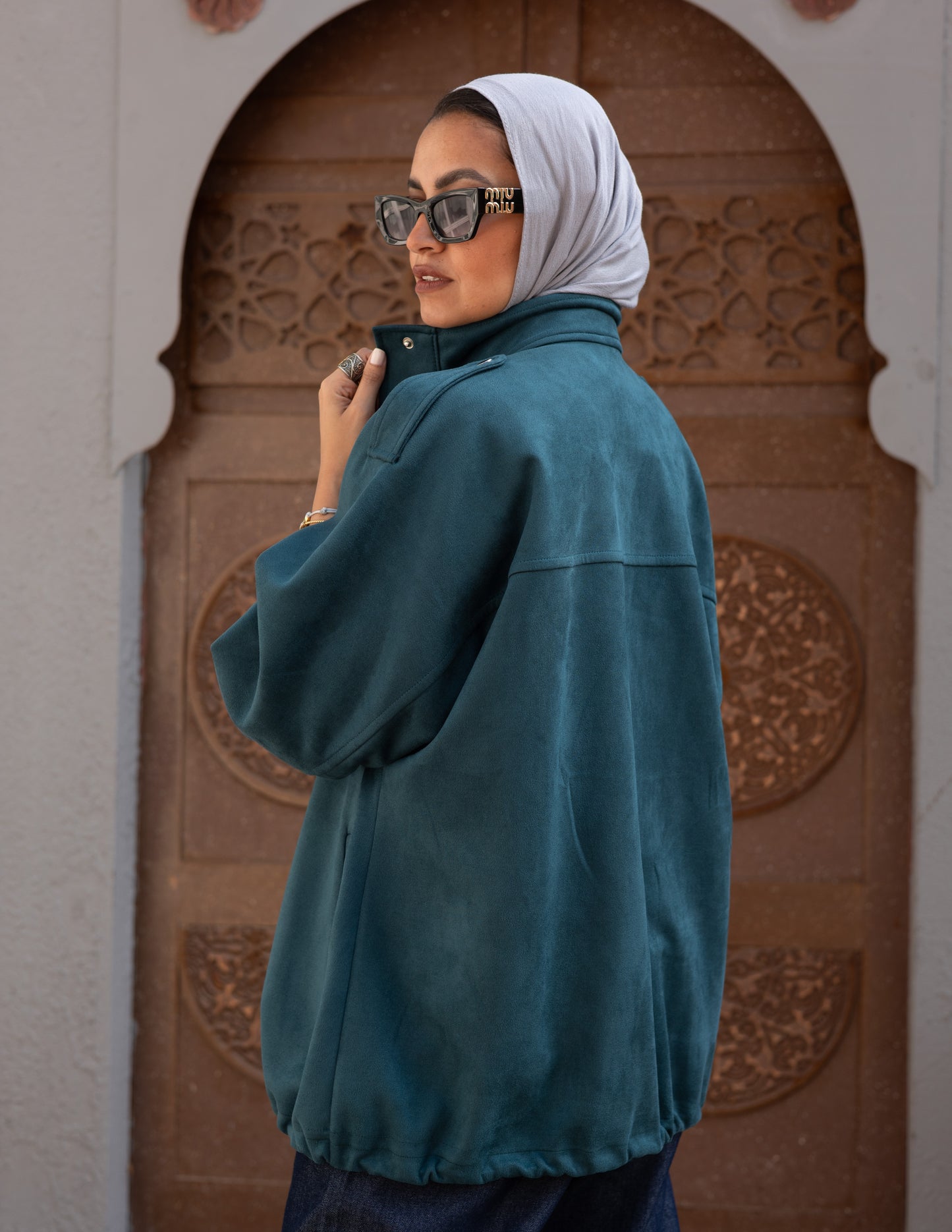 Suede Jacket With Elastic In Teal