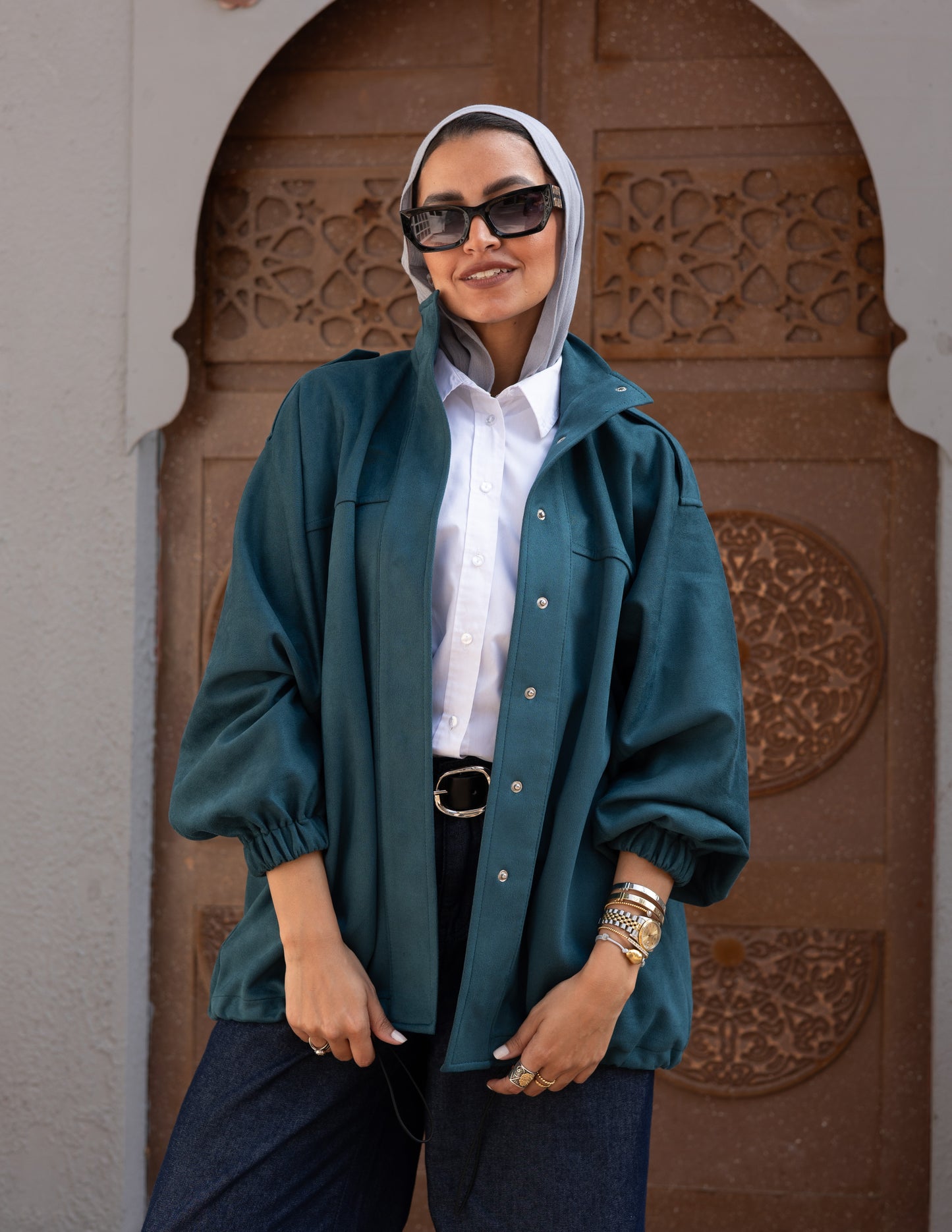 Suede Jacket With Elastic In Teal