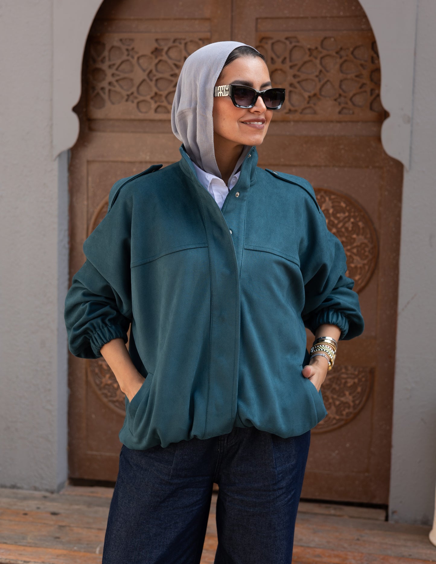 Suede Jacket With Elastic In Teal