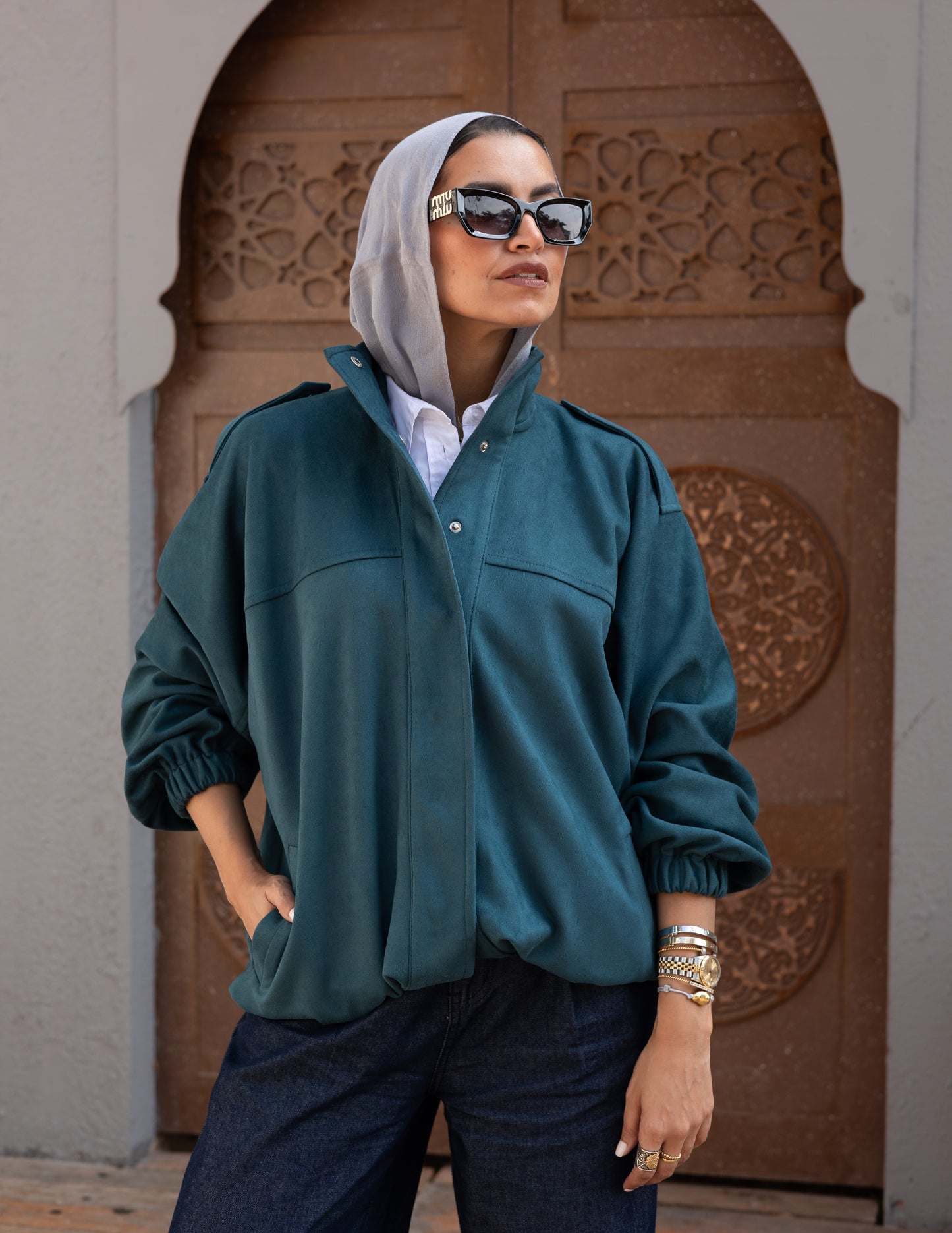 Suede Jacket With Elastic In Teal