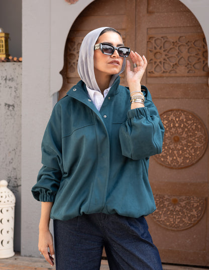 Suede Jacket With Elastic In Teal