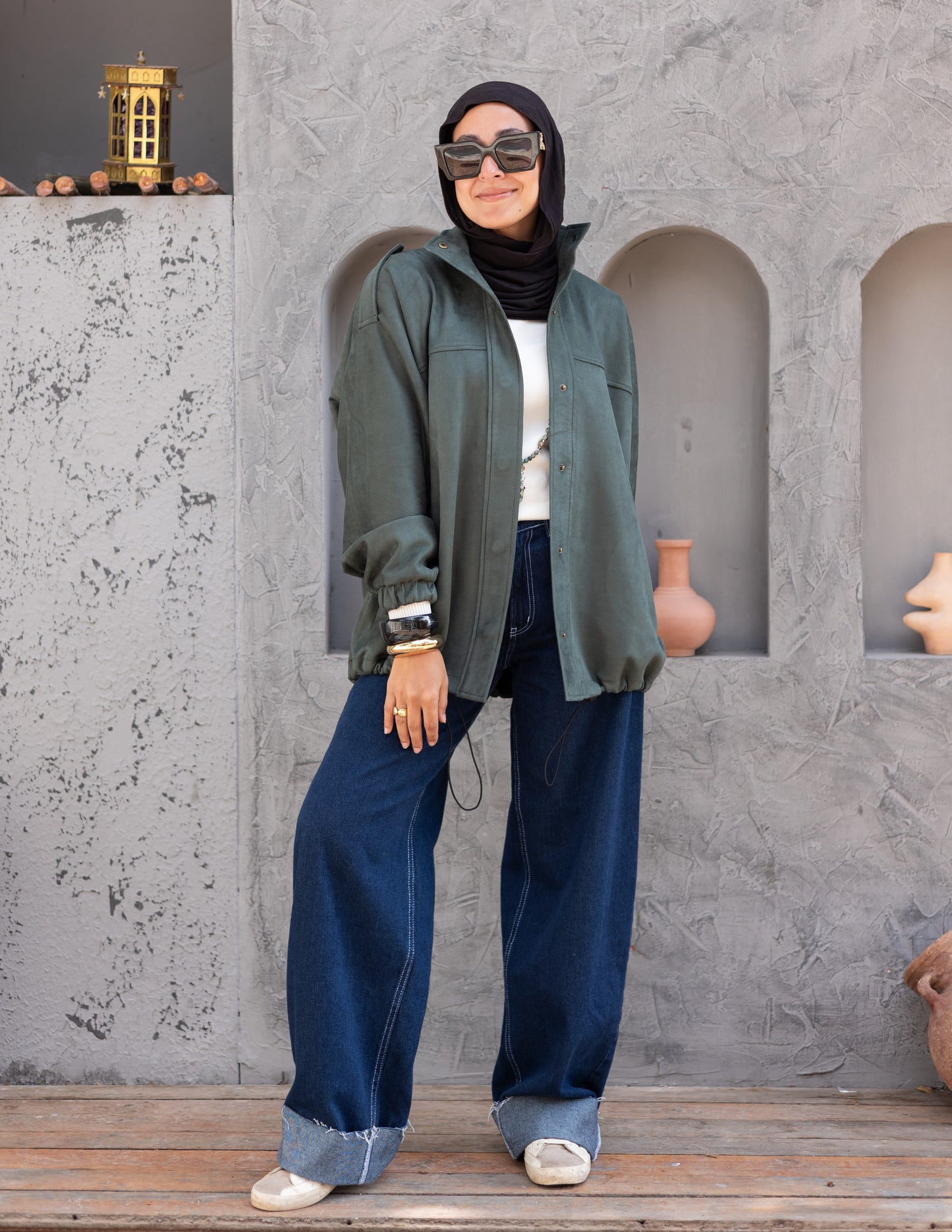 Suede  Jacket With Elastic In Olive