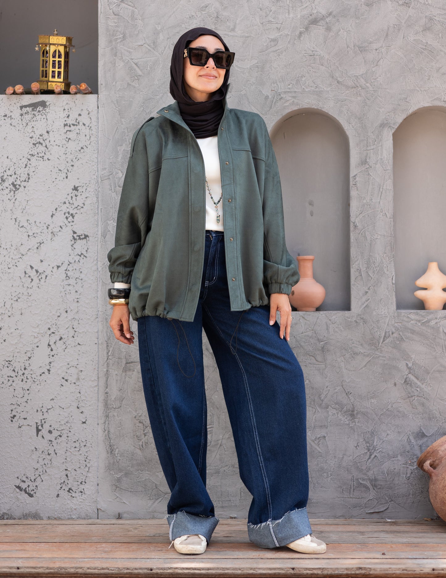 Suede  Jacket With Elastic In Olive