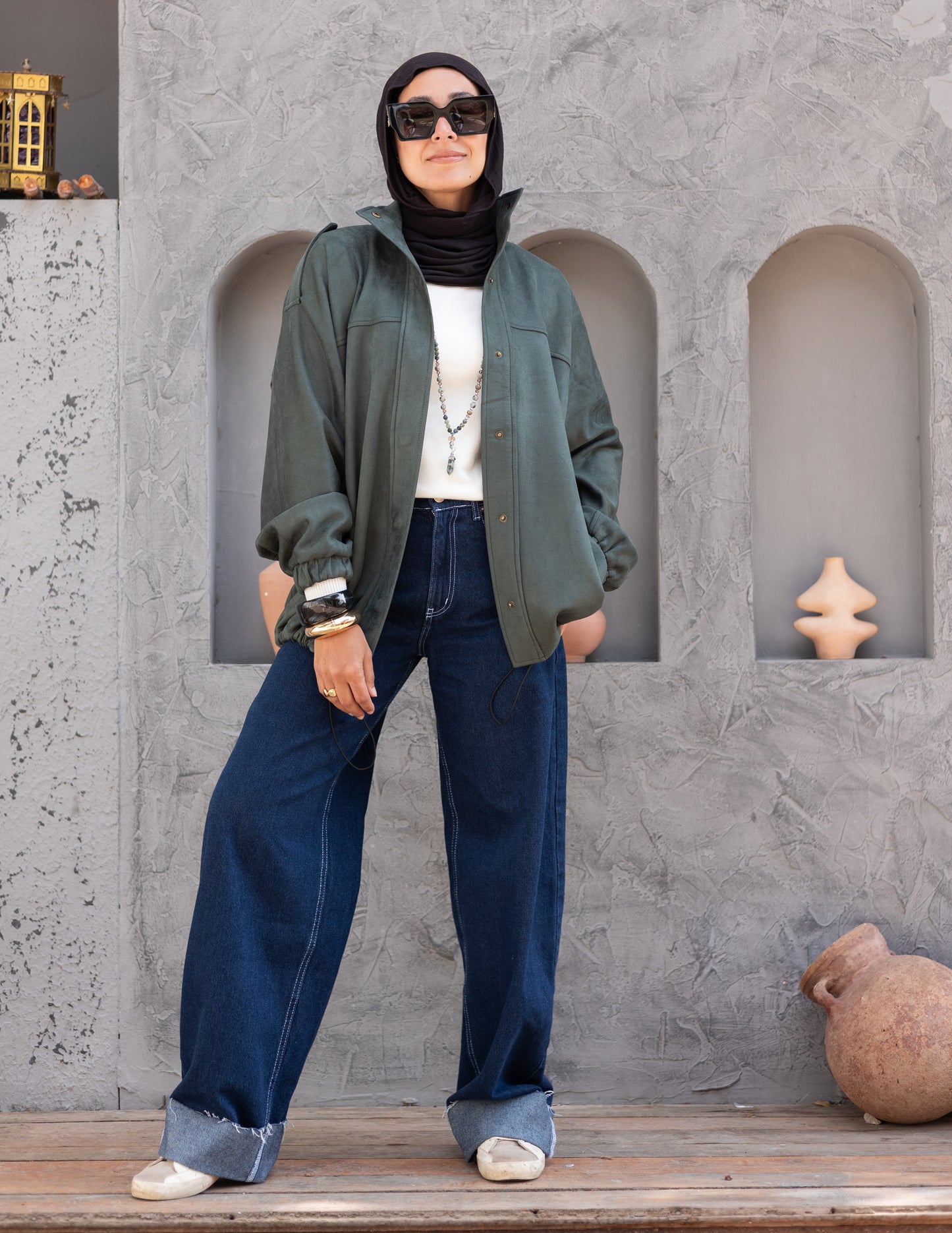 Suede  Jacket With Elastic In Olive