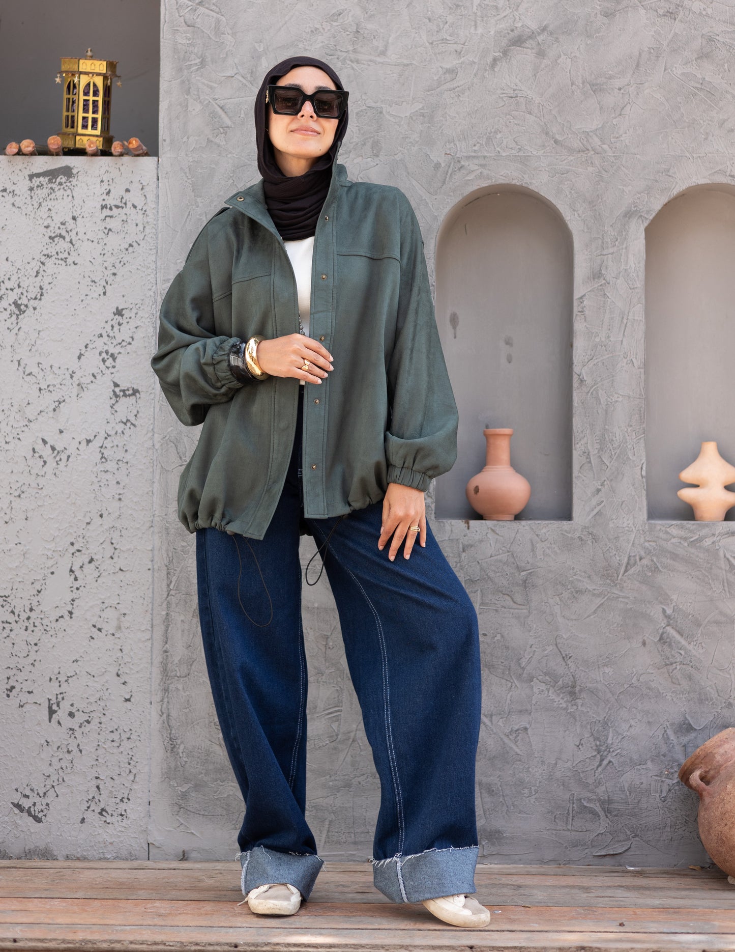 Suede  Jacket With Elastic In Olive