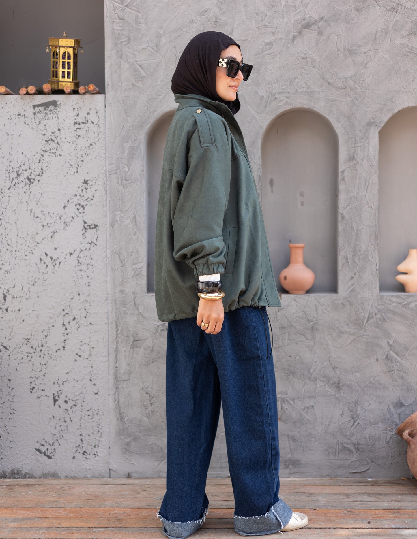 Suede  Jacket With Elastic In Olive