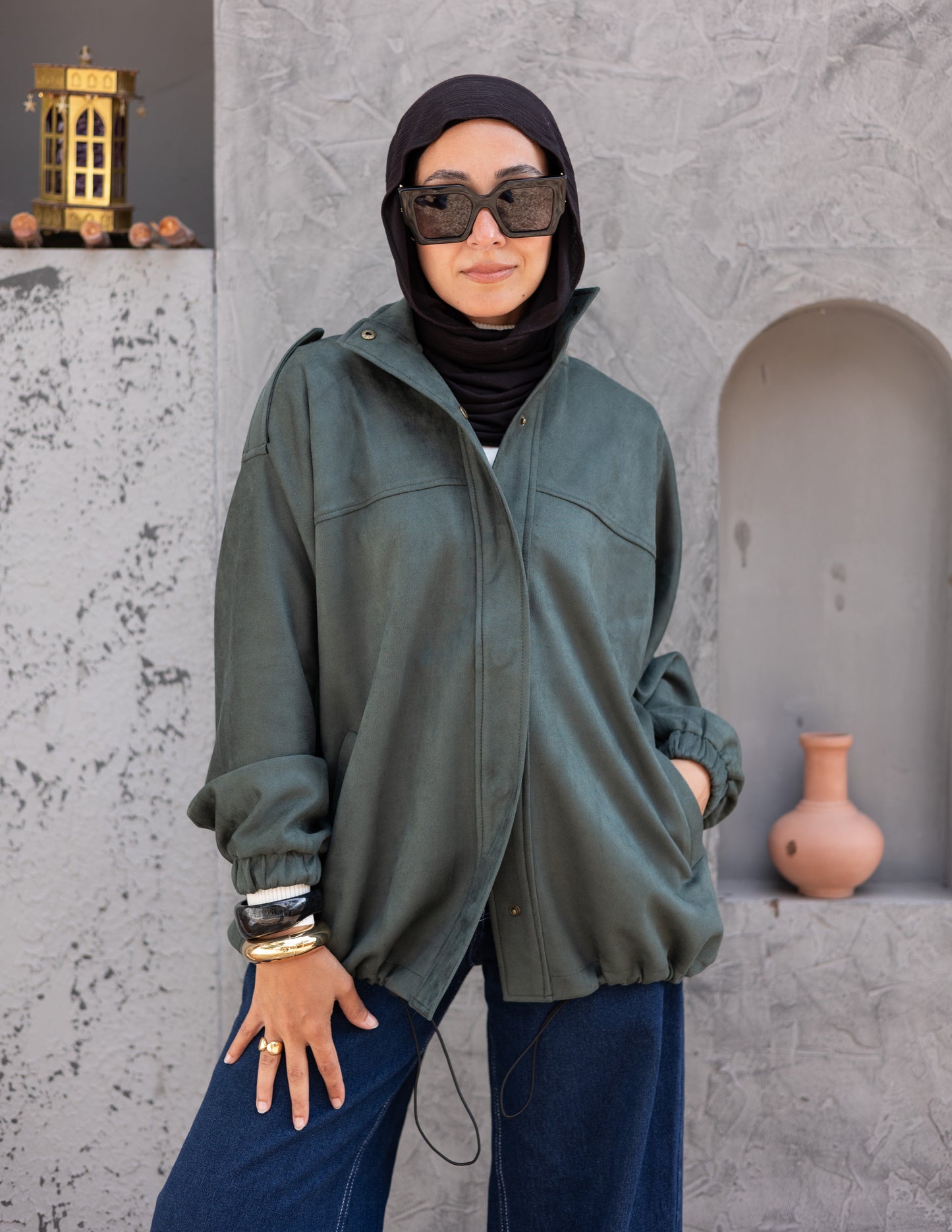 Suede  Jacket With Elastic In Olive