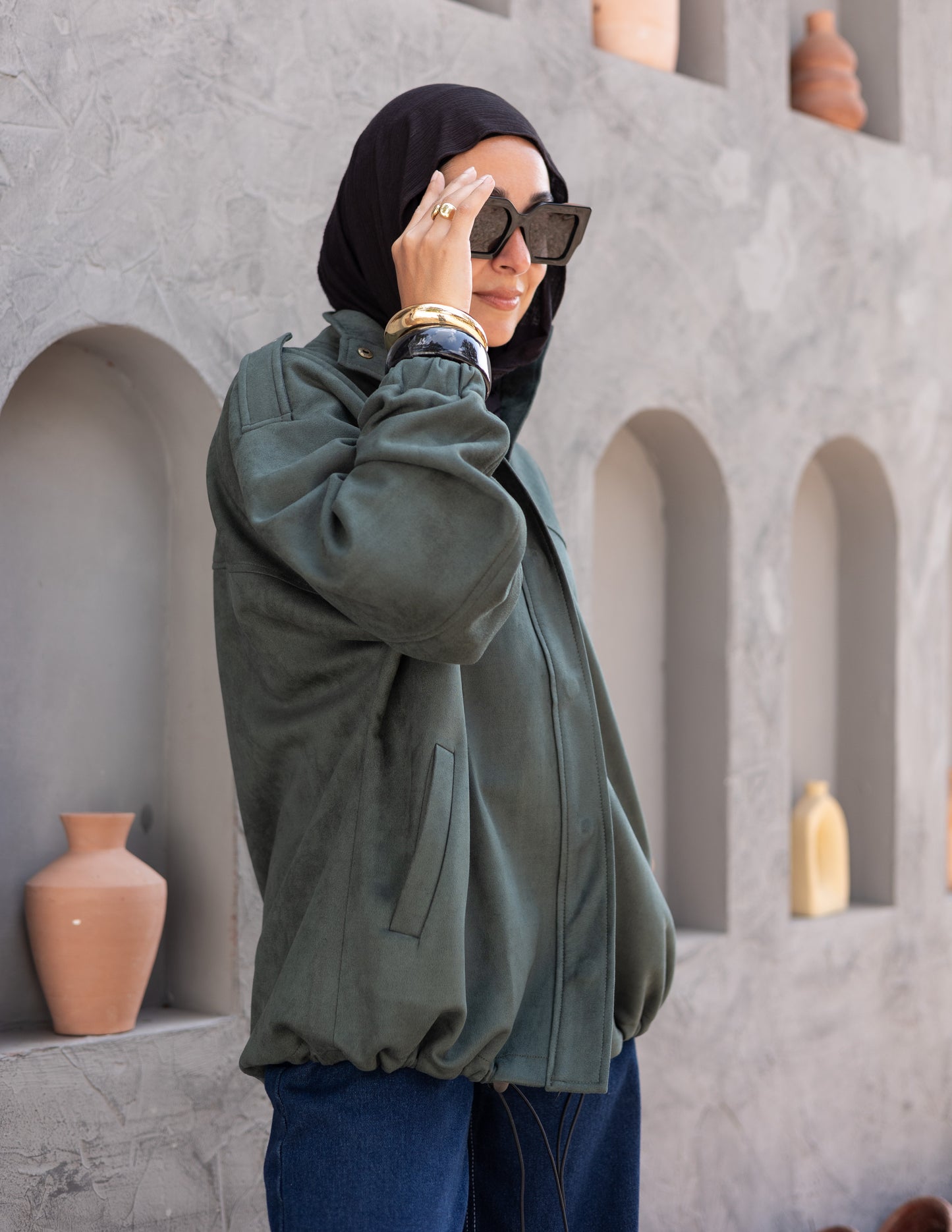 Suede  Jacket With Elastic In Olive