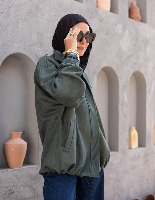 Suede  Jacket With Elastic In Olive