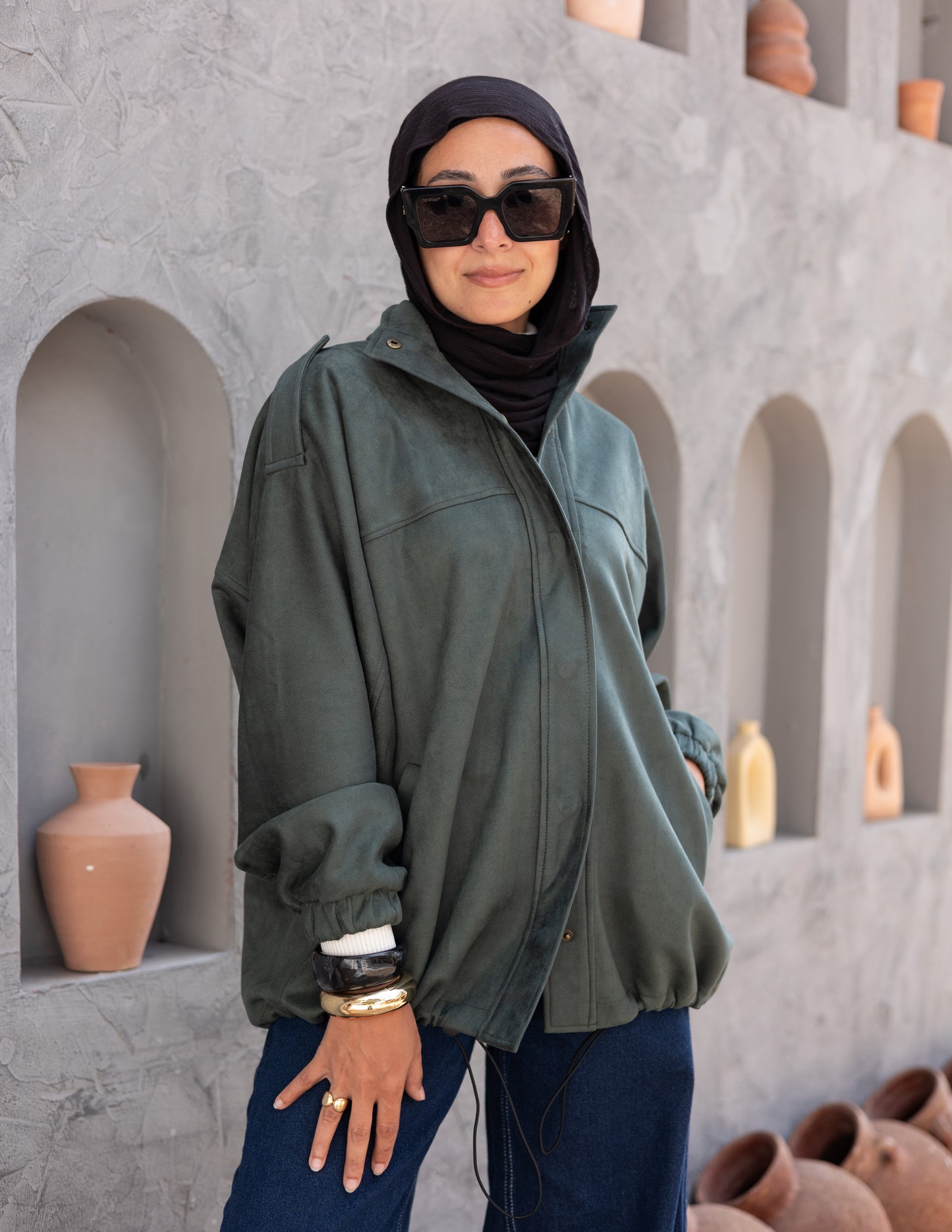 Suede  Jacket With Elastic In Olive