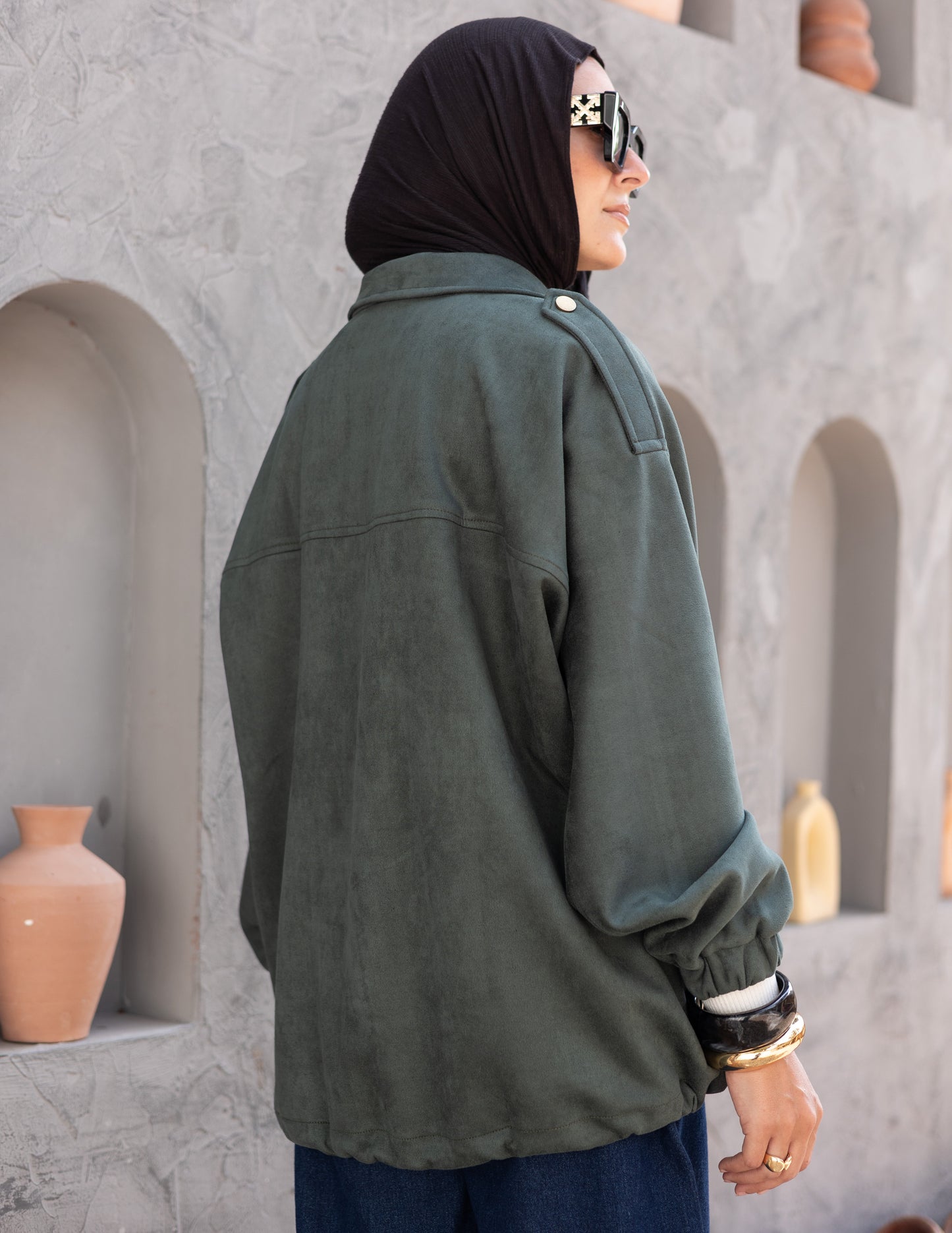 Suede  Jacket With Elastic In Olive