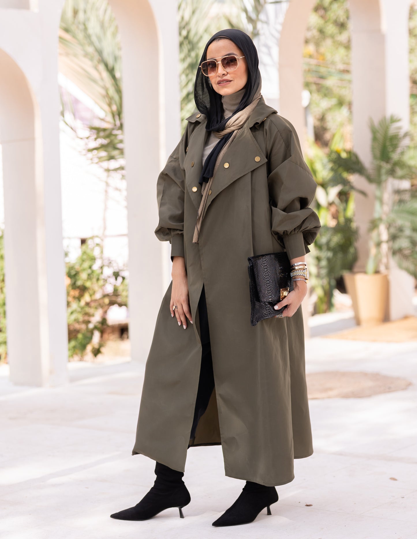 Puffy sleeves Waterproof coat in Olive