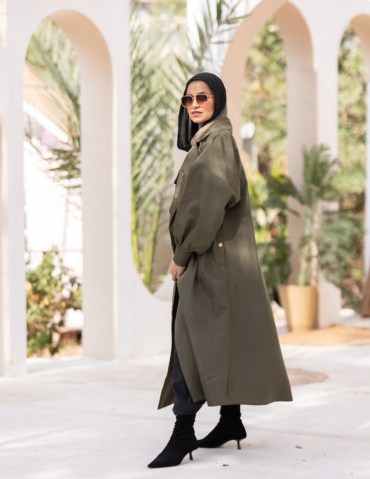 Puffy sleeves Waterproof coat in Olive