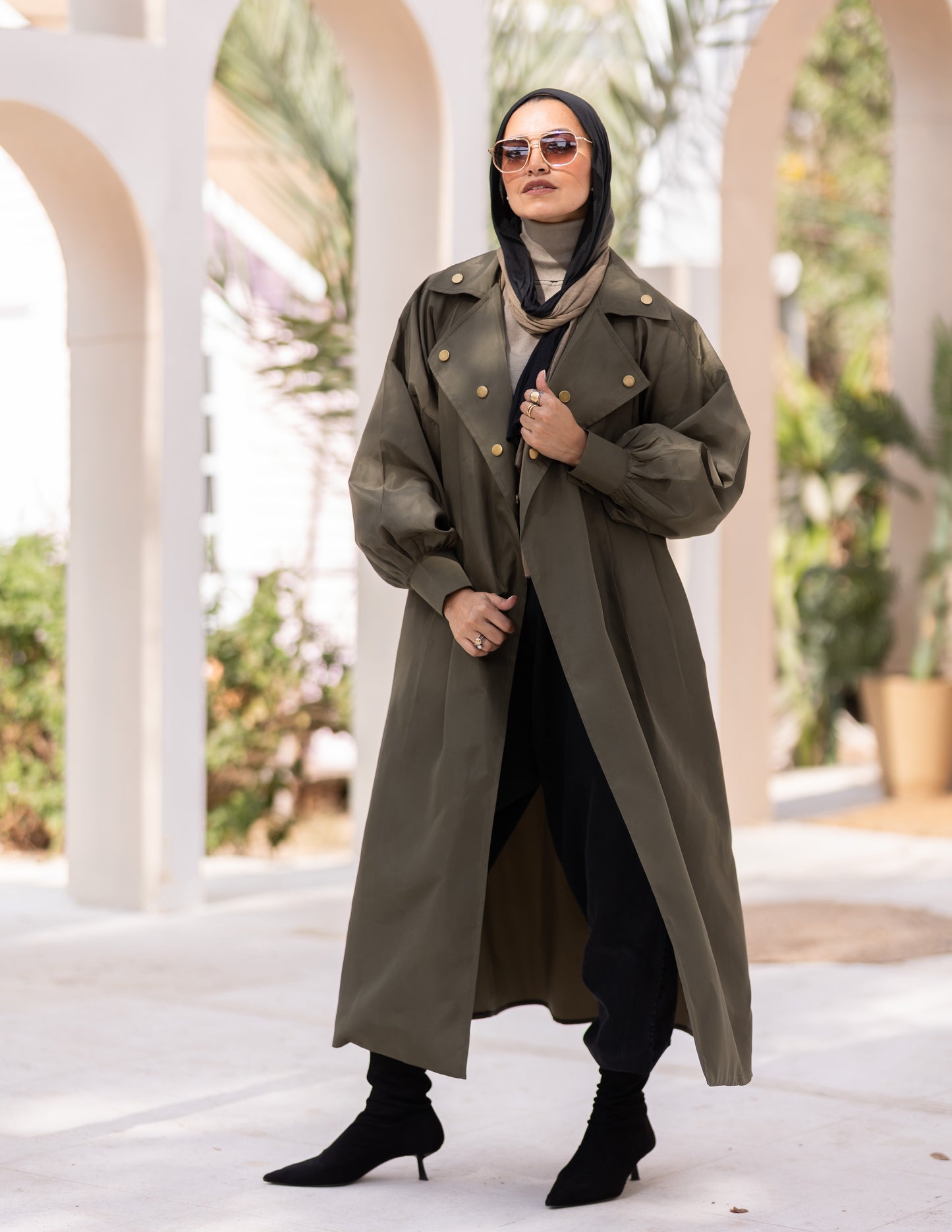 Puffy sleeves Waterproof coat in Olive