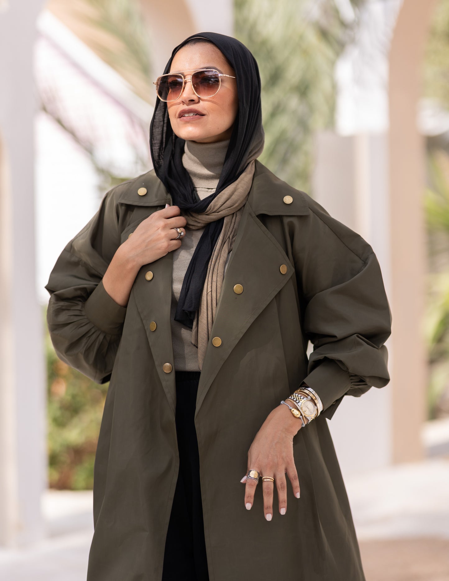 Puffy sleeves Waterproof coat in Olive