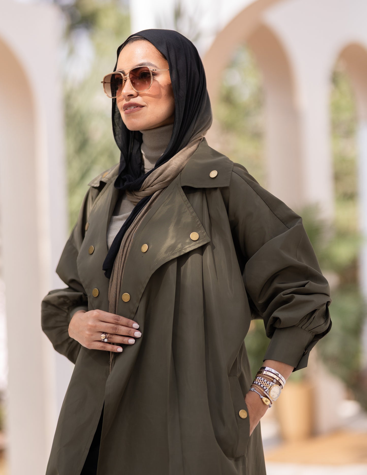 Puffy sleeves Waterproof coat in Olive