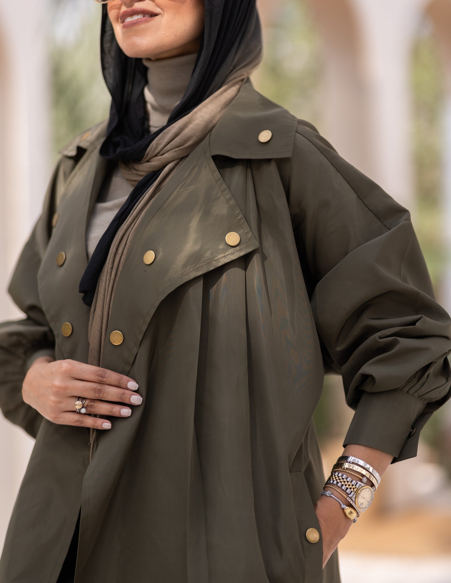Puffy sleeves Waterproof coat in Olive