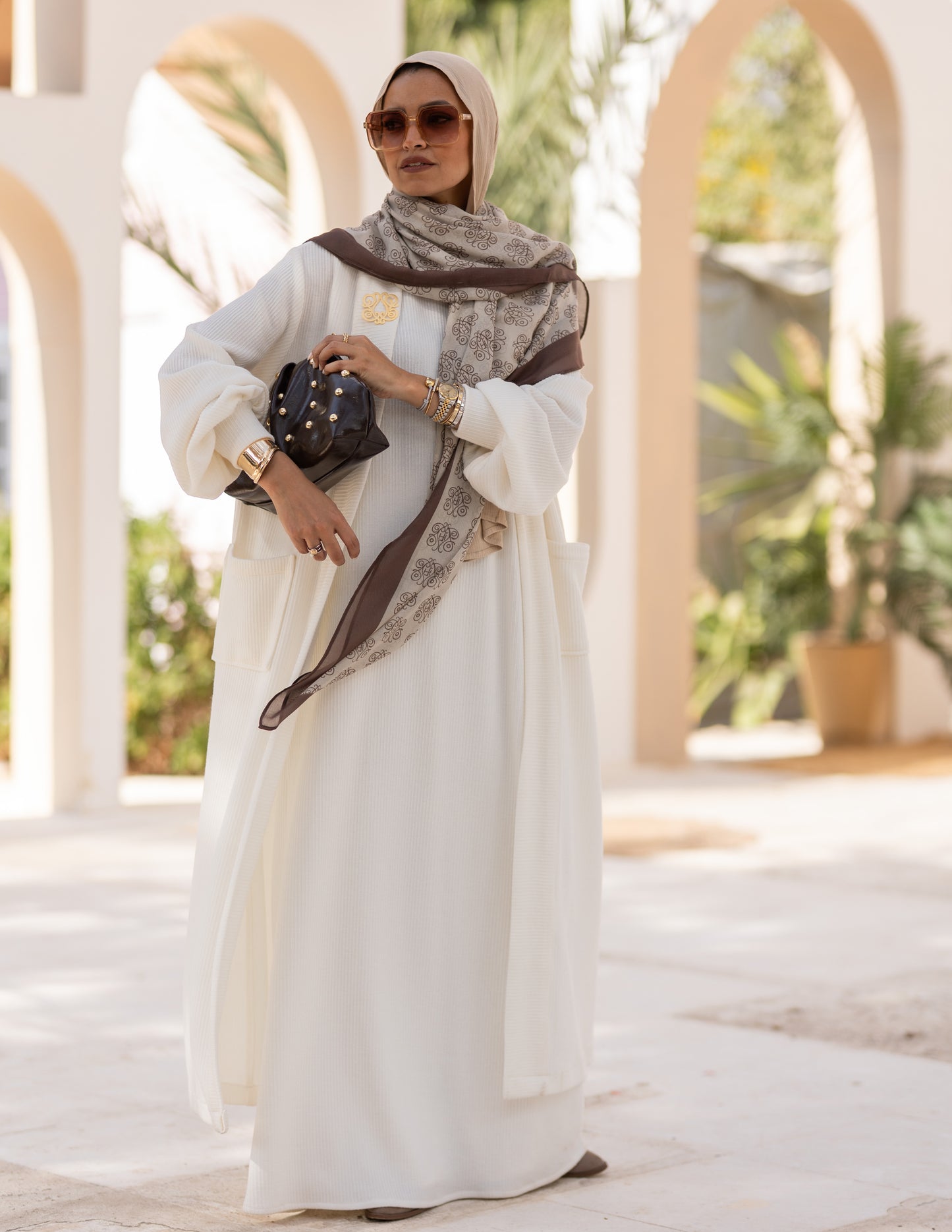 Woolen knitted cut dress in Off white