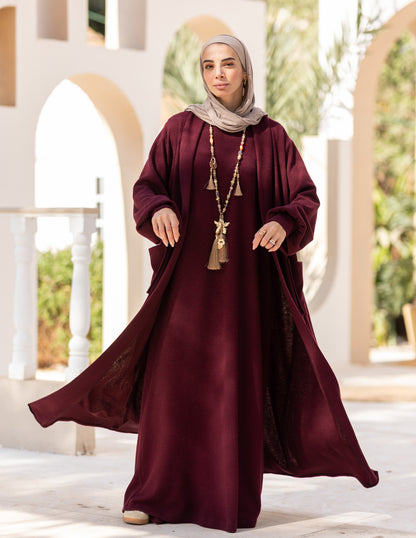 Woolen knitted cut dress in Burgundy