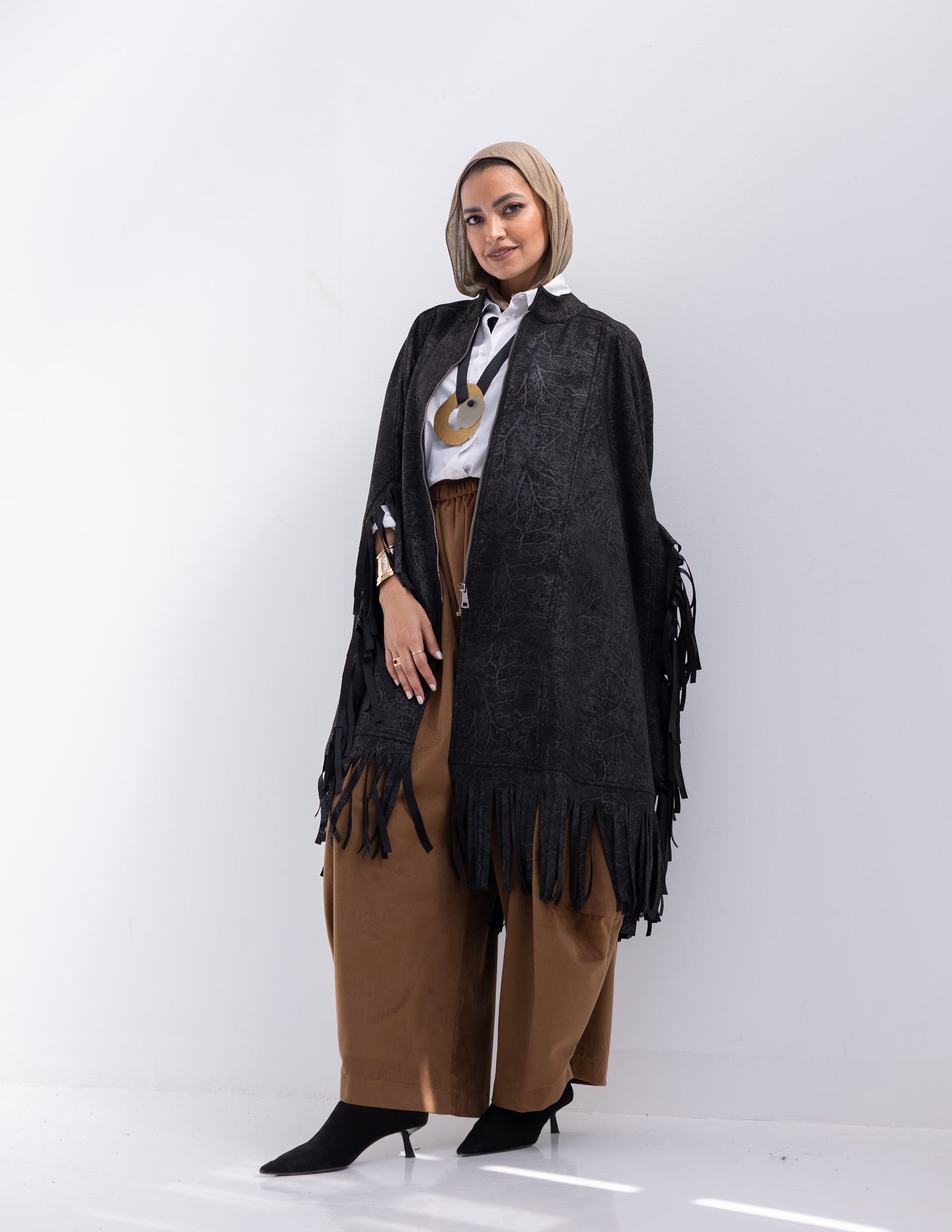 Suede & leather blend poncho