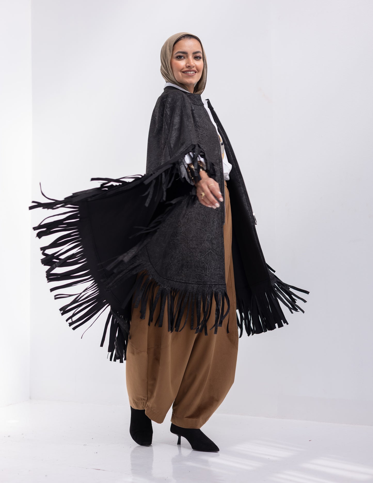 Suede & leather blend poncho