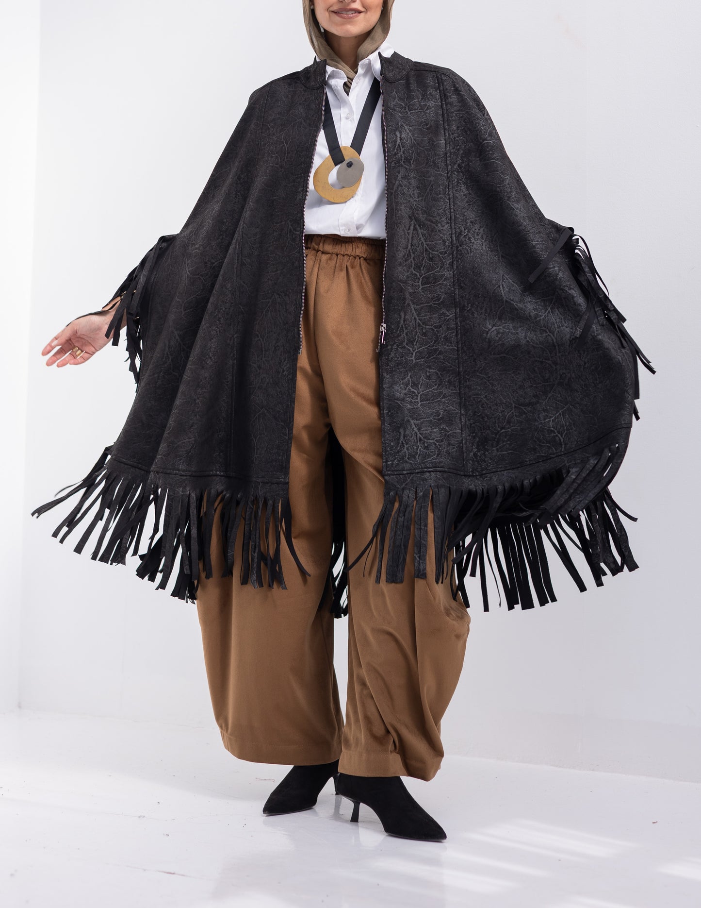 Suede & leather blend poncho