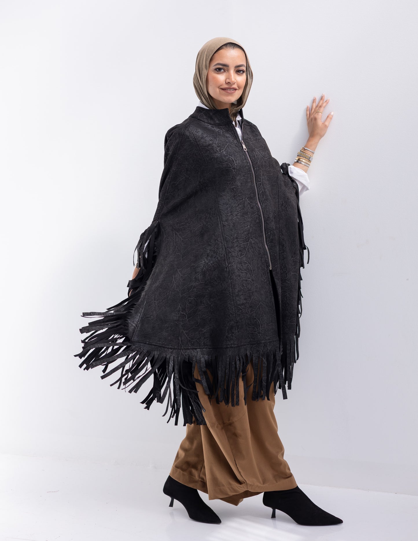 Suede & leather blend poncho