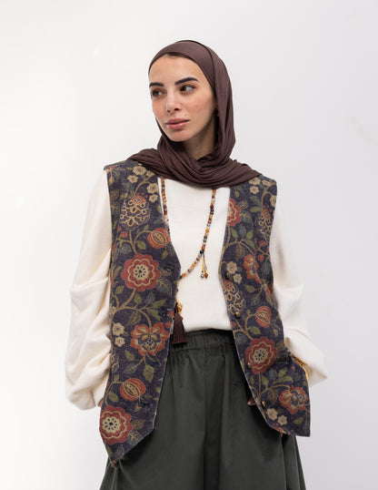 Floral woolen knitted vest in Navy