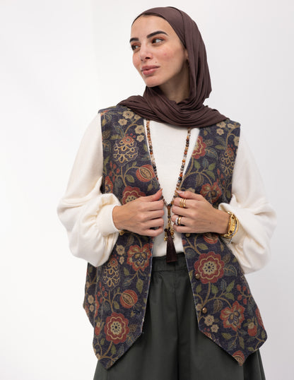 Floral woolen knitted vest in Navy