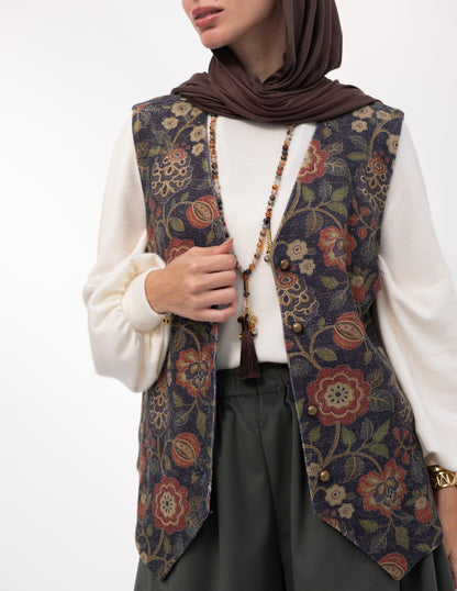 Floral woolen knitted vest in Navy