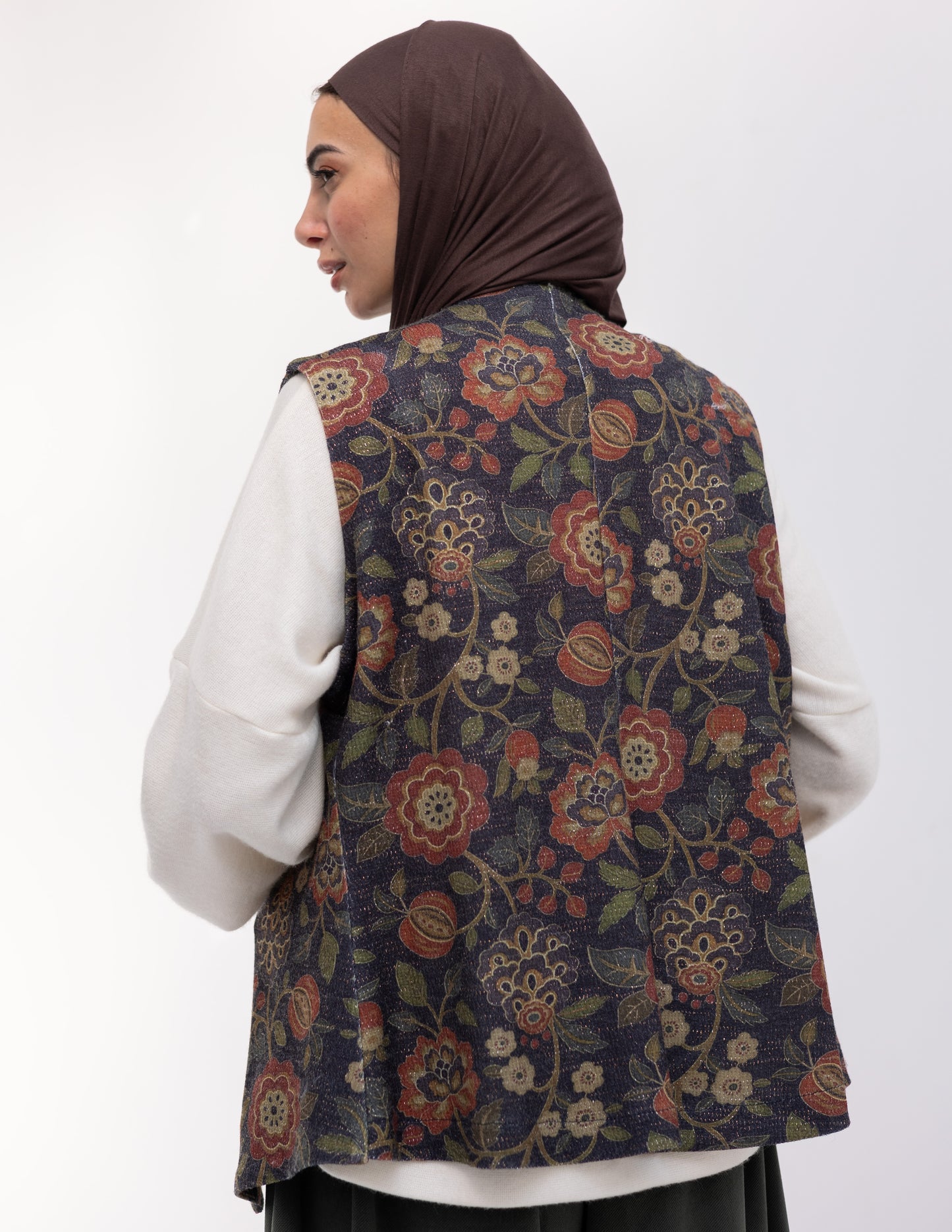 Floral woolen knitted vest in Navy