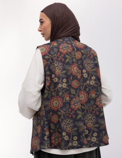 Floral woolen knitted vest in Navy